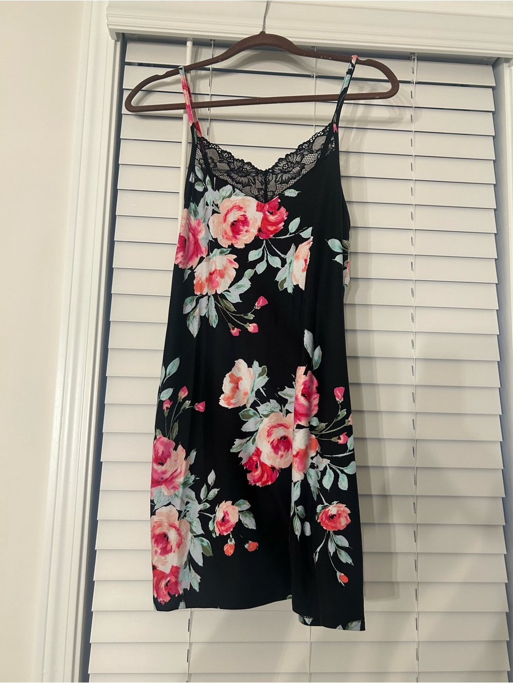 Floral Lace Trim Slip sleep pajama Dress - Black with Pink Floral